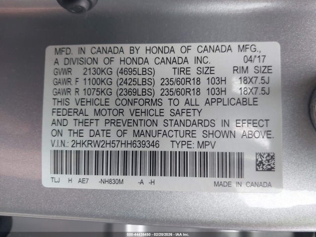 44438450 :رقم المزاد ، 2HKRW2H57HH639346 vin ، 2017 Honda Cr-v Ex مزاد بيع