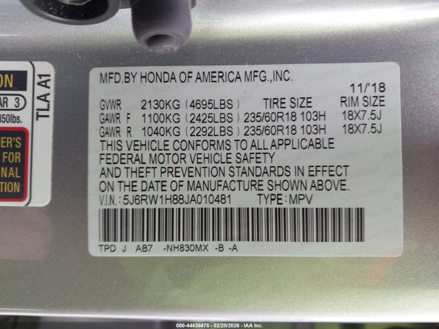 Aukcja sprzedaży 2018 Honda Cr-v Ex-l/ex-l Navi, vin: 5J6RW1H88JA010481, numer aukcji: 44438475