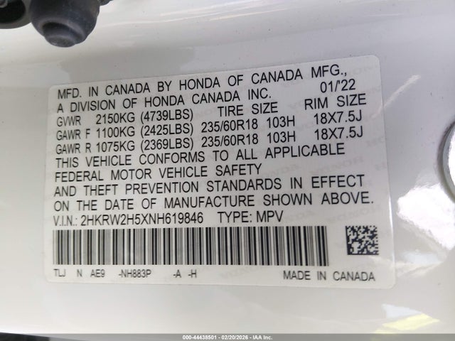 2HKRW2H5XNH619846 Honda Cr-v Awd Ex