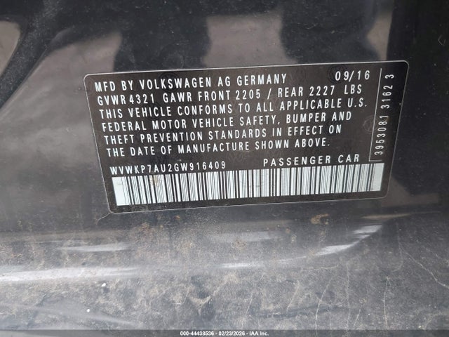 44438536 :رقم المزاد ، WVWKP7AU2GW916409 vin ، 2016 Volkswagen E-golf Se مزاد بيع