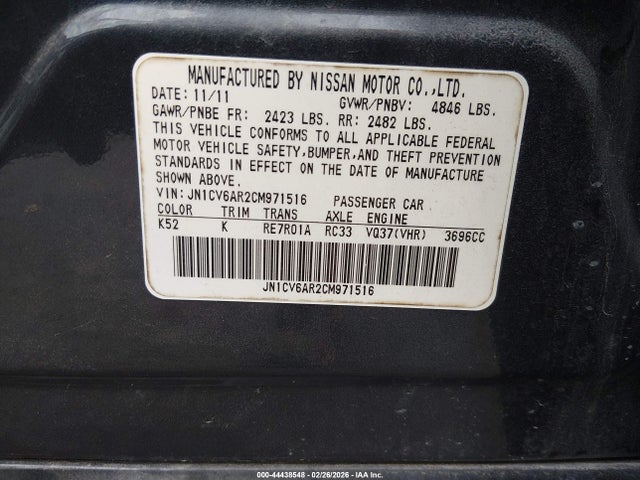 2012 Infiniti G37x მანქანა იყიდება აუქციონზე, vin: JN1CV6AR2CM971516, აუქციონის ნომერი: 44438548