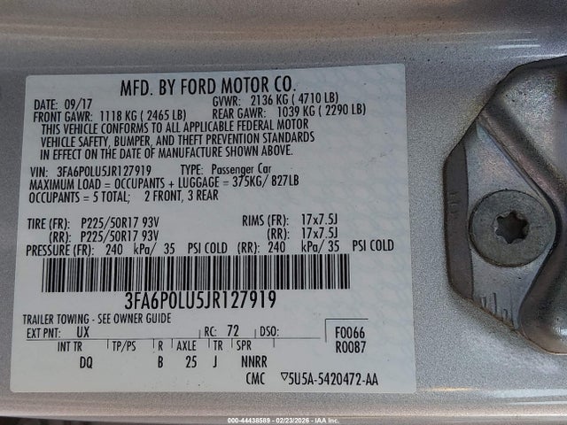 Продаж на аукціоні авто 2018 Ford Fusion Hybrid Se, vin: 3FA6P0LU5JR127919, номер лоту: 44438589