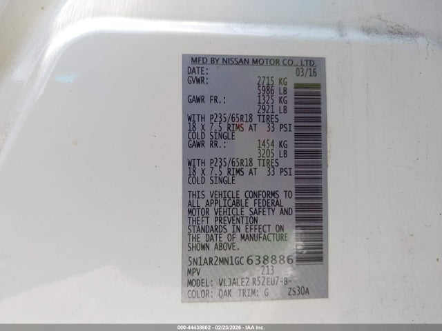 5N1AR2MN1GC638886 Nissan Pathfinder Platinum/s/sl/sv