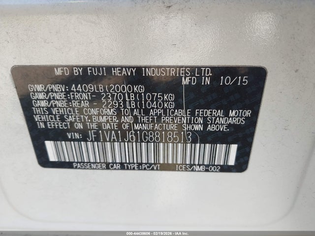 Auction sale of the 2016 Subaru Wrx Limited, vin: JF1VA1J61G8818513, lot number: 44438606