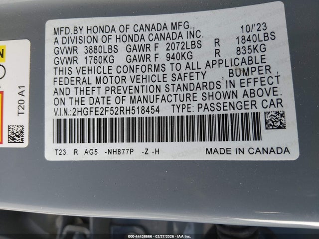 44438666 :رقم المزاد ، 2HGFE2F52RH518454 vin ، 2024 Honda Civic Sport مزاد بيع