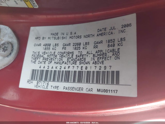 2007 MITSUBISHI ECLIPSE 4A3AK24F77E017297 Photo 8