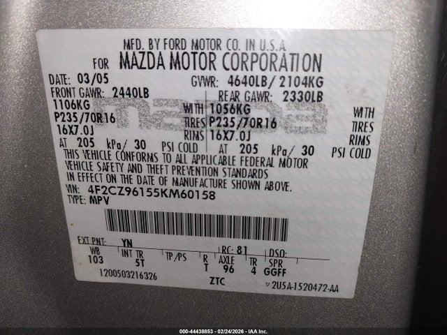 Aukcja sprzedaży 2005 Mazda Tribute S, vin: 4F2CZ96155KM60158, numer aukcji: 44438853
