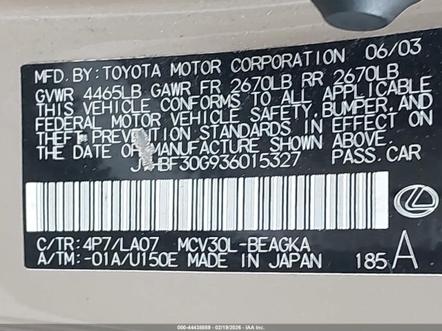 2003 Lexus Es 300 მანქანა იყიდება აუქციონზე, vin: JTHBF30G936015327, აუქციონის ნომერი: 44438889