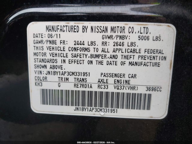 Продажа на аукционе авто 2012 Infiniti M37, vin: JN1BY1AP3CM331951, номер лота: 44438938