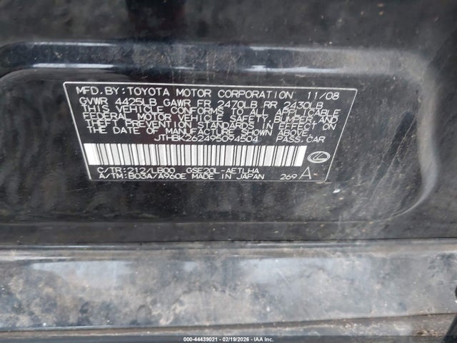 Aukcja sprzedaży 2009 Lexus Is 250, vin: JTHBK262495094504, numer aukcji: 44439021