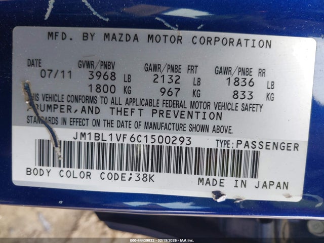 44439032 :رقم المزاد ، JM1BL1VF6C1500293 vin ، 2012 Mazda Mazda3 I Touring مزاد بيع