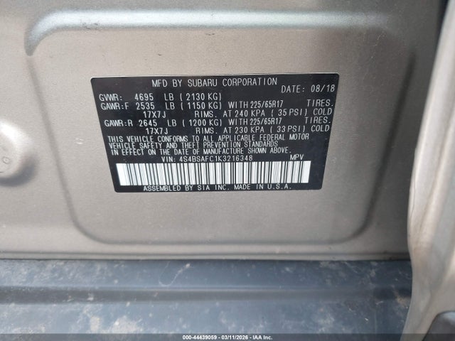 44439059 :رقم المزاد ، 4S4BSAFC1K3216348 vin ، 2019 Subaru Outback 2.5i Premium مزاد بيع