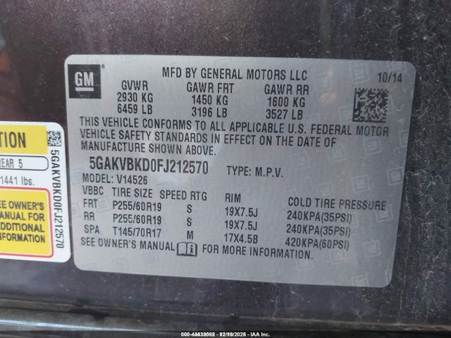 44439062 :رقم المزاد ، 5GAKVBKD0FJ212570 vin ، 2015 Buick Enclave Leather مزاد بيع