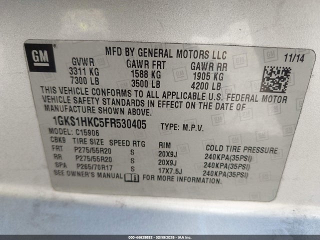 1GKS1HKC5FR530405 GMC Yukon Xl 1500 Slt