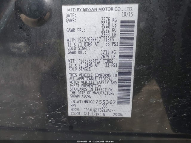 44439188 :رقم المزاد ، 5N1AT2MN1GC755367 vin ، 2016 Nissan Rogue Sv مزاد بيع
