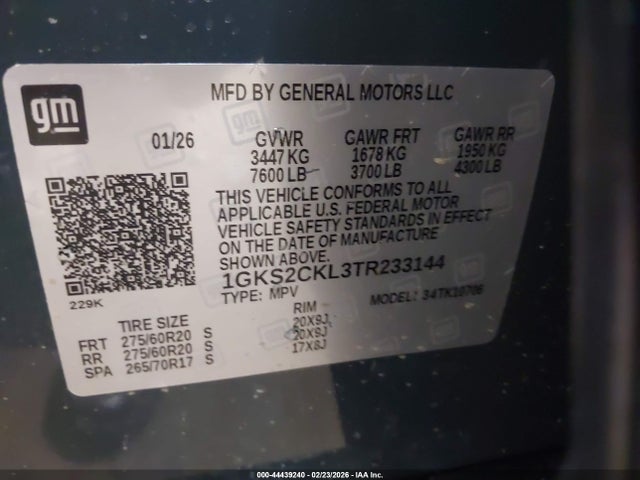 Продажа на аукционе авто 2026 Gmc Yukon 4wd At4, vin: 1GKS2CKL3TR233144, номер лота: 44439240