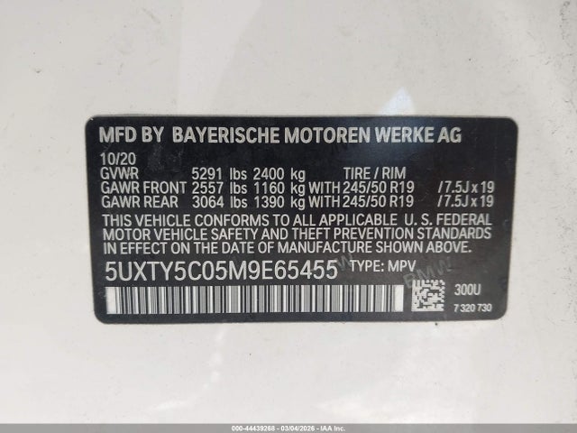 44439268 :رقم المزاد ، 5UXTY5C05M9E65455 vin ، 2021 Bmw X3 Xdrive30i مزاد بيع