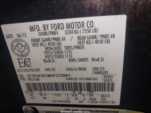 44439272 :رقم المزاد ، 1FTFW1ET8DFC73661 vin ، 2013 Ford F-150 Platinum مزاد بيع