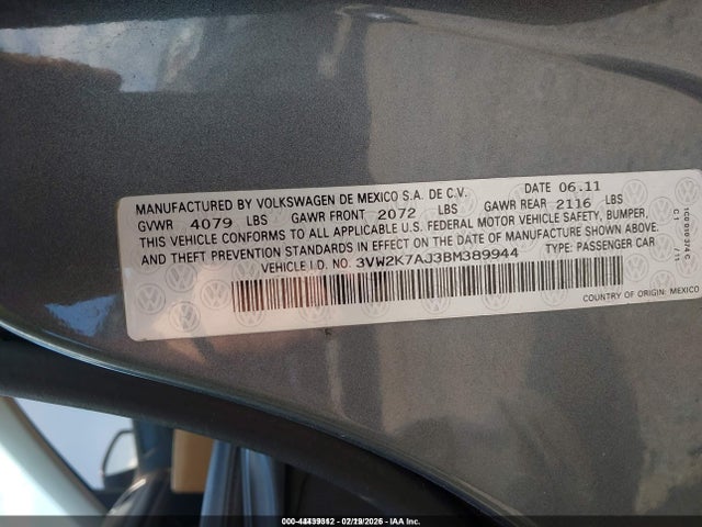Продаж на аукціоні авто 2011 Volkswagen Jetta 2.0l S, vin: 3VW2K7AJ3BM389944, номер лоту: 44439312