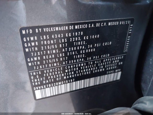 2024 Volkswagen Taos 1.5t S მანქანა იყიდება აუქციონზე, vin: 3VV5X7B22RM015197, აუქციონის ნომერი: 44439331