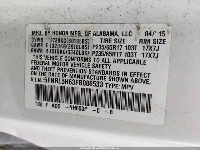 Honda Odyssey Ex-l 2015 5FNRL5H63FB086533 Image 9