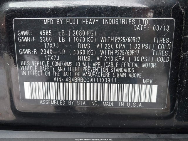 Aukcja sprzedaży 2013 Subaru Outback 2.5i Premium, vin: 4S4BRBCC9D3303911, numer aukcji: 44439355