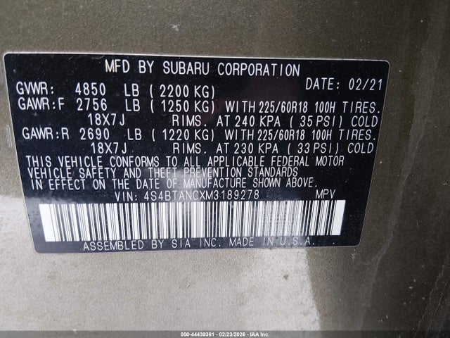 Aukcja sprzedaży 2021 Subaru Outback Limited, vin: 4S4BTANCXM3189278, numer aukcji: 44439361