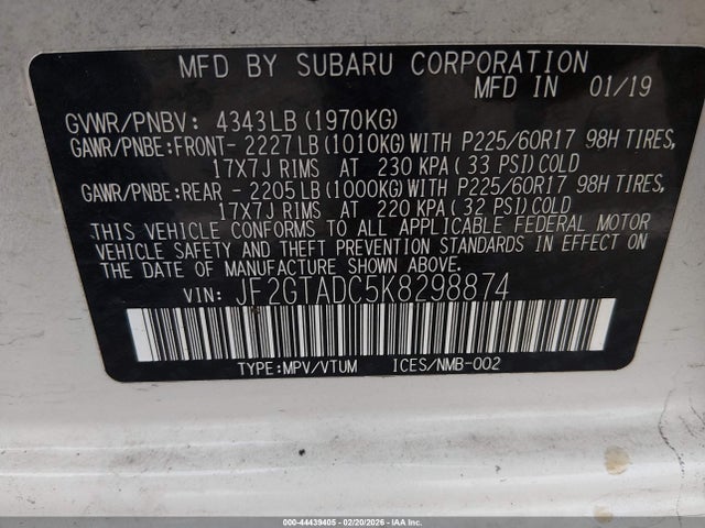 Aukcja sprzedaży 2019 Subaru Crosstrek 2.0i Premium, vin: JF2GTADC5K8298874, numer aukcji: 44439405