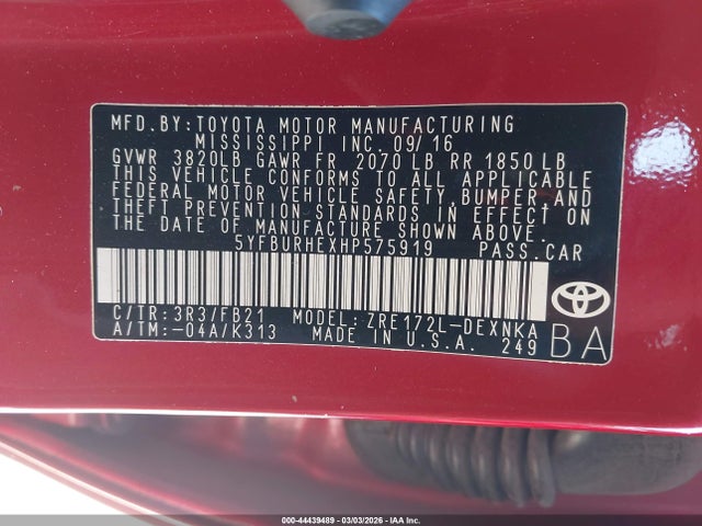 Продажа на аукционе авто 2017 Toyota Corolla Le, vin: 5YFBURHEXHP575919, номер лота: 44439489