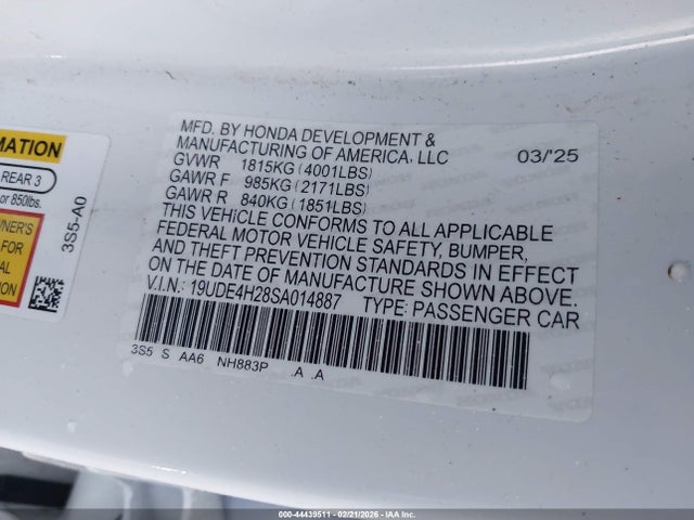 Aukcja sprzedaży 2025 Acura Integra, vin: 19UDE4H28SA014887, numer aukcji: 44439511