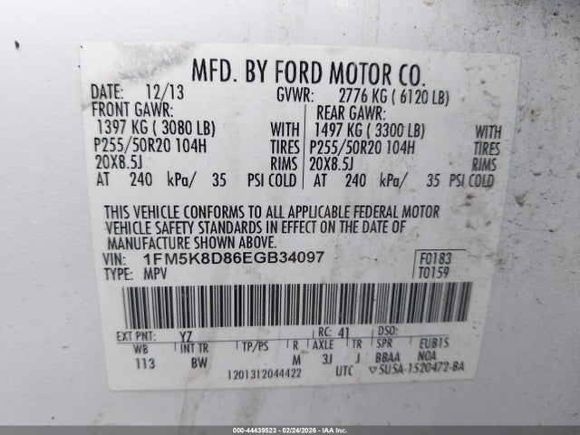 44439523 :رقم المزاد ، 1FM5K8D86EGB34097 vin ، 2014 Ford Explorer Xlt مزاد بيع