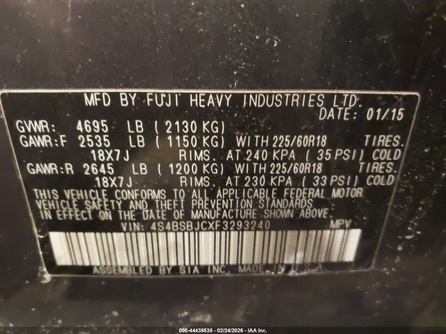 44439538 :رقم المزاد ، 4S4BSBJCXF3293240 vin ، 2015 Subaru Outback 2.5i Limited مزاد بيع