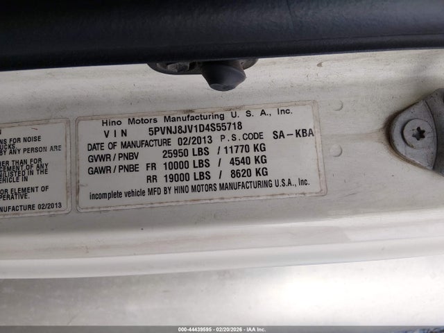 Продаж на аукціоні авто 2013 Hino 258/268, vin: 5PVNJ8JV1D4S55718, номер лоту: 44439595