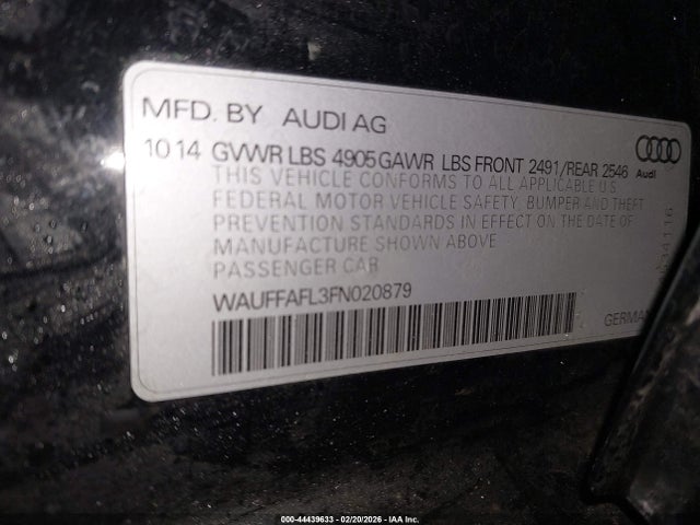 2015 Audi A4 2.0t Premium მანქანა იყიდება აუქციონზე, vin: WAUFFAFL3FN020879, აუქციონის ნომერი: 44439633