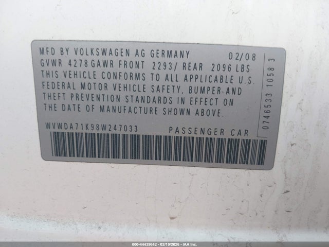 Aukcja sprzedaży 2008 Volkswagen Rabbit S, vin: WVWDA71K98W247033, numer aukcji: 44439642