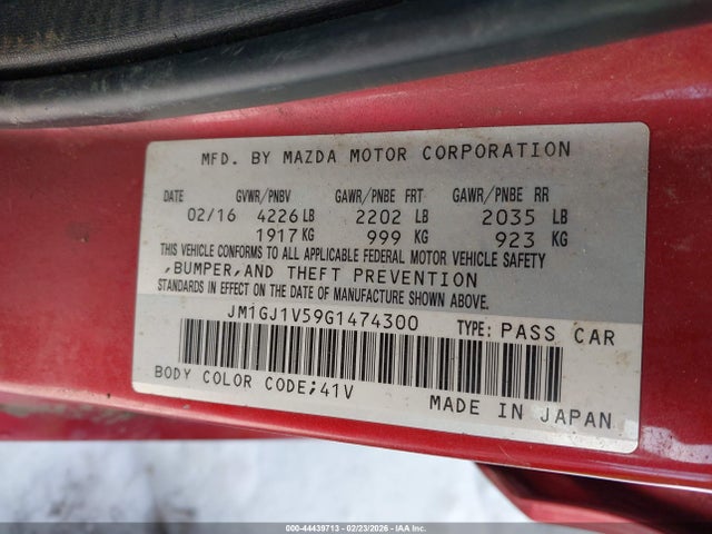 44439713 :رقم المزاد ، JM1GJ1V59G1474300 vin ، 2016 Mazda Mazda6 I Touring مزاد بيع