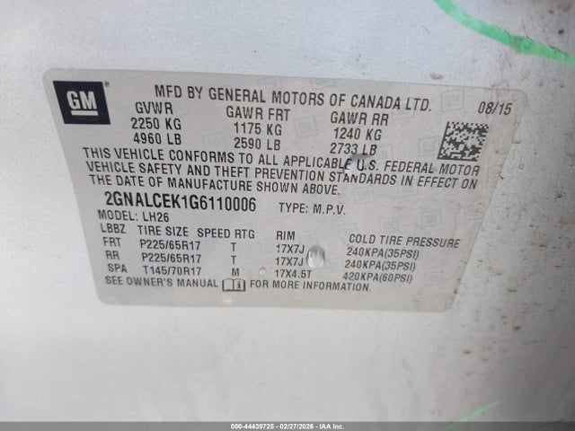 2016 Chevrolet Equinox Lt მანქანა იყიდება აუქციონზე, vin: 2GNALCEK1G6110006, აუქციონის ნომერი: 44439725