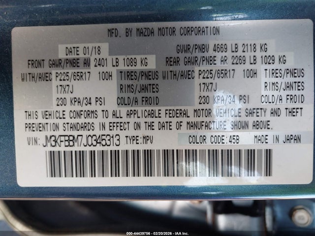 Aukcja sprzedaży 2018 Mazda Cx-5 Sport, vin: JM3KFBBM7J0345313, numer aukcji: 44439756