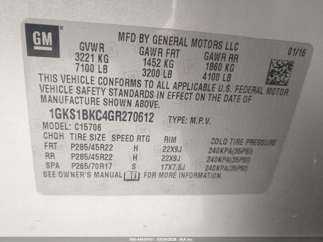 2016 Gmc Yukon Slt მანქანა იყიდება აუქციონზე, vin: 1GKS1BKC4GR270612, აუქციონის ნომერი: 44439761