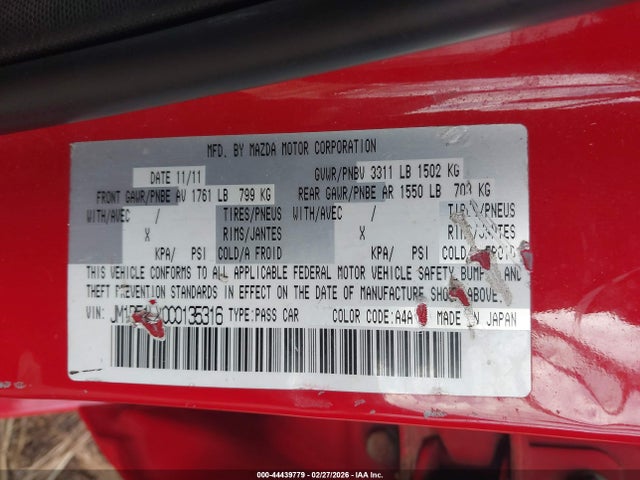 44439779 :رقم المزاد ، JM1DE1LY0C0135316 vin ، 2012 Mazda Mazda2 Touring مزاد بيع