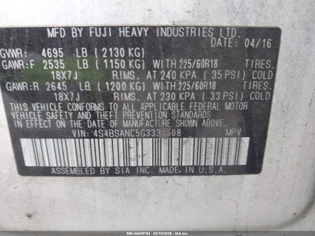 4S4BSANC5G3334508 Subaru Outback 2.5i Limited