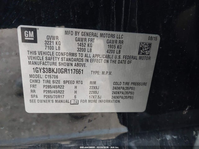 Продаж на аукціоні авто 2016 Cadillac Escalade Luxury Collection, vin: 1GYS3BKJ0GR117661, номер лоту: 44439800