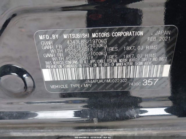 2021 Mitsubishi Outlander Sport 2.0 Be 2wd/2.0 Es 2wd/2.0 Le 2wd/2.0 S 2wd მანქანა იყიდება აუქციონზე, vin: JA4APUAU1MU022302, აუქციონის ნომერი: 44439815