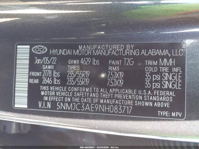 Aukcja sprzedaży 2022 Hyundai Tucson Sel, vin: 5NMJC3AE9NH083717, numer aukcji: 44439881