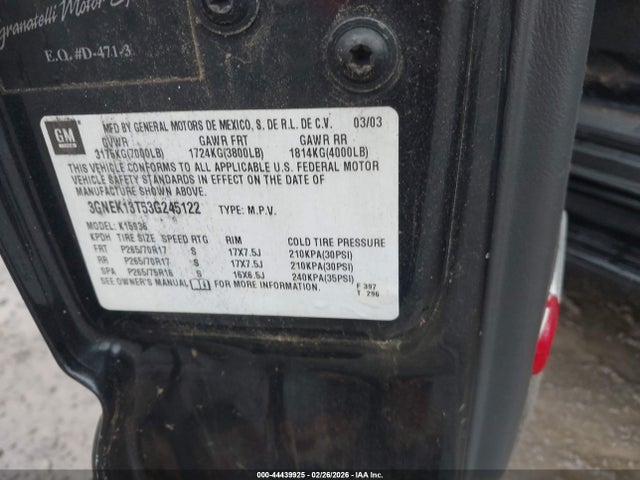 Продажа на аукционе авто 2003 Chevrolet Avalanche 1500, vin: 3GNEK13T53G245122, номер лота: 44439925