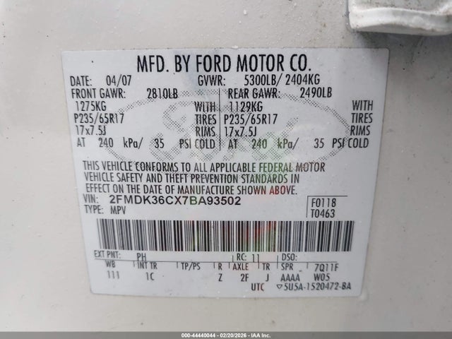 44440044 :رقم المزاد ، 2FMDK36CX7BA93502 vin ، 2007 Ford Edge Se مزاد بيع