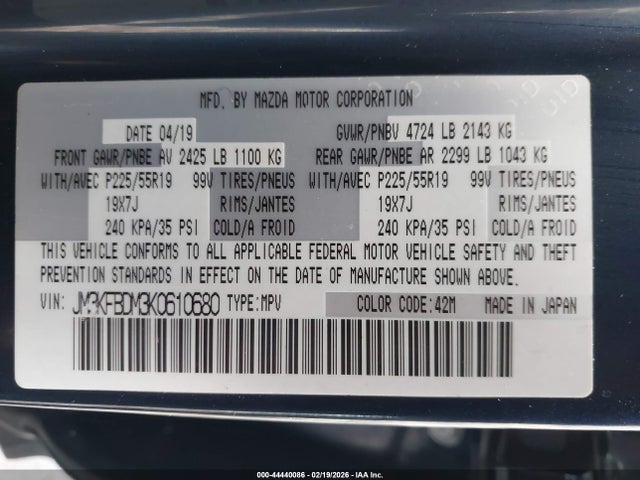 44440086 :رقم المزاد ، JM3KFBDM3K0610680 vin ، 2019 Mazda Cx-5 Grand Touring مزاد بيع