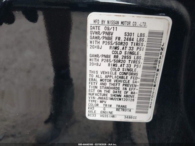44440168 :رقم المزاد ، JN8AS1MU2CM120126 vin ، 2012 Infiniti Fx35 مزاد بيع