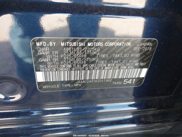 44440207 :رقم المزاد ، JA4AD2A31KZ011952 vin ، 2019 Mitsubishi Outlander Es مزاد بيع