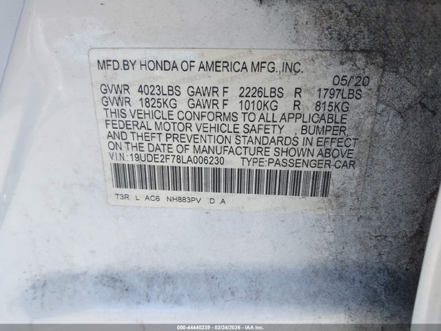44440239 :رقم المزاد ، 19UDE2F78LA006230 vin ، 2020 Acura Ilx Premium Package/technology Package مزاد بيع